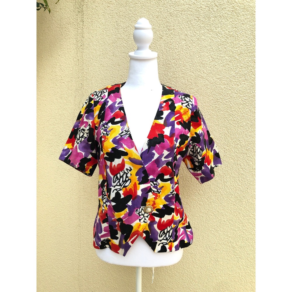 Rickie Freeman for Teri Jon linen abstract short sleeve blouse purple yellow